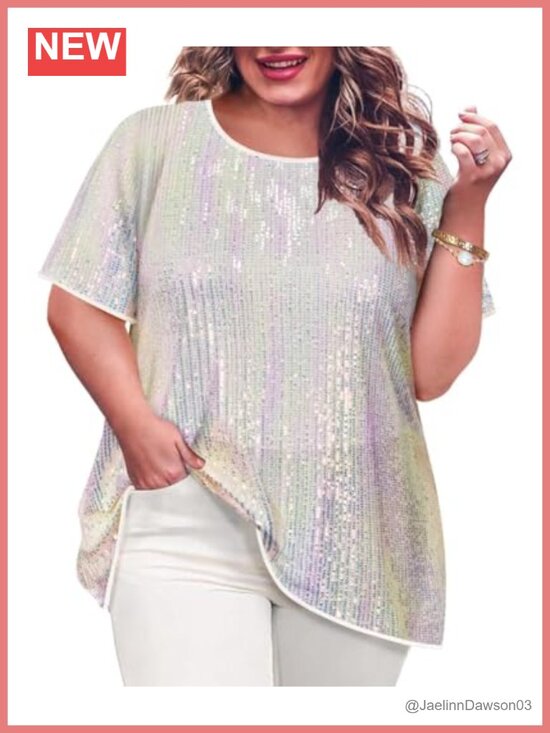 Tops - Plus Size Sequin Tunic Top Short Sleeve Crewneck Sparkly Party Blouse